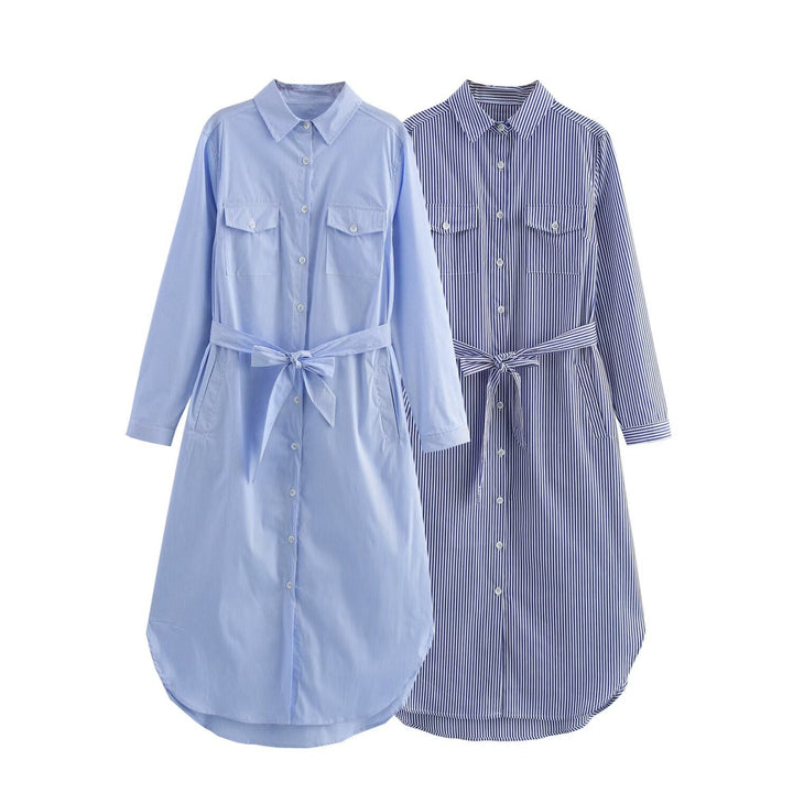 Women’s Shirt Dress with Waist Belt and Chest Pockets Mune Fashion