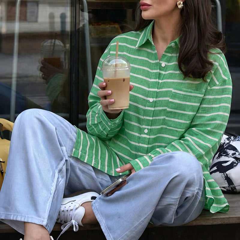 Women's Casual Striped Oversize Shirt Blouse in Linen Look with Breast Pocket Mune Fashion