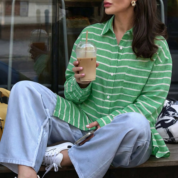 Women's Casual Striped Oversize Shirt Blouse in Linen Look with Breast Pocket Mune Fashion