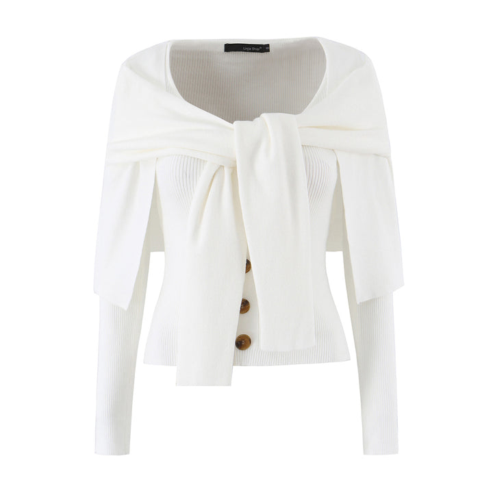 Women's shoulder knit cardigan with removable shoulder shawl detail Mune Fashion