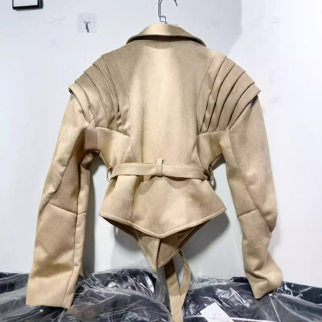 Women's tailored suede blazer with pleated shoulder details and tie belt Mune Fashion