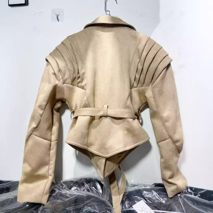 Women's tailored suede blazer with pleated shoulder details and tie belt Mune Fashion