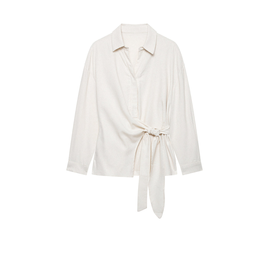 Women's Two-Piece Ensemble with Wrap Blouse with Waist Tie and Wide-Cut Linen Pants with Decorative Stripes Mune Fashion