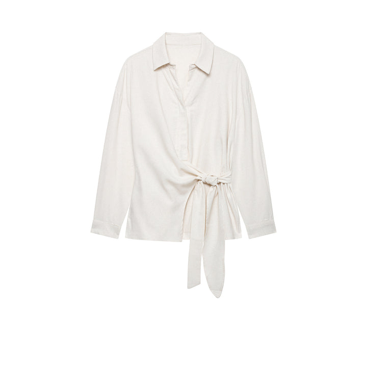 Women's Two-Piece Ensemble with Wrap Blouse with Waist Tie and Wide-Cut Linen Pants with Decorative Stripes Mune Fashion