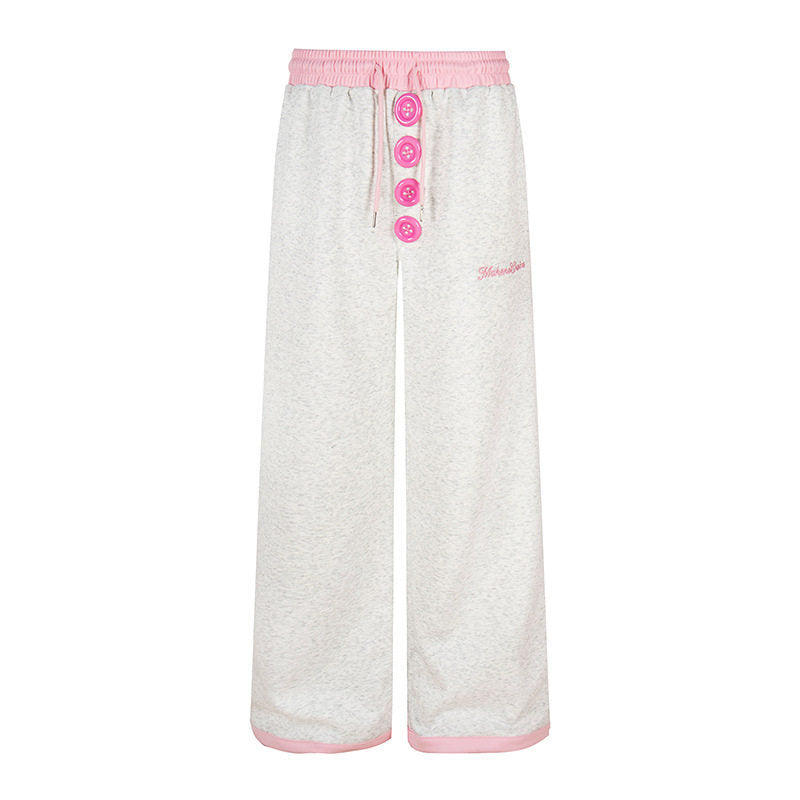 Women Wide Lounge Pants with Decorative Button Placket, High Waist and Drawstring Mune Fashion