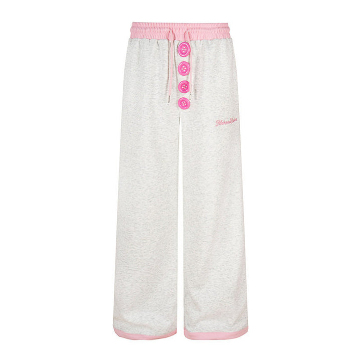 Women Wide Lounge Pants with Decorative Button Placket, High Waist and Drawstring Mune Fashion