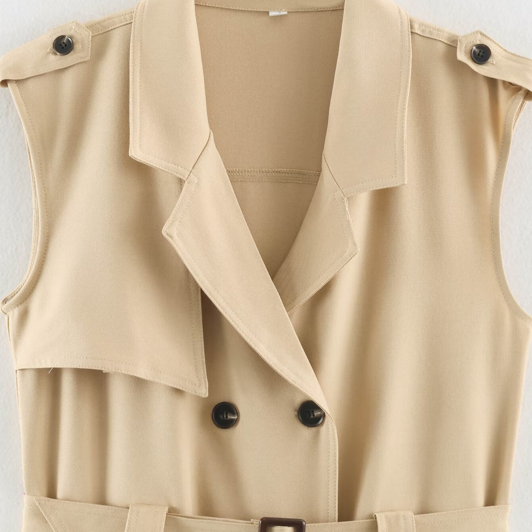 Women's Sleeveless Tailored Trench Dress with Tie Belt and Flap Pockets Mune Fashion