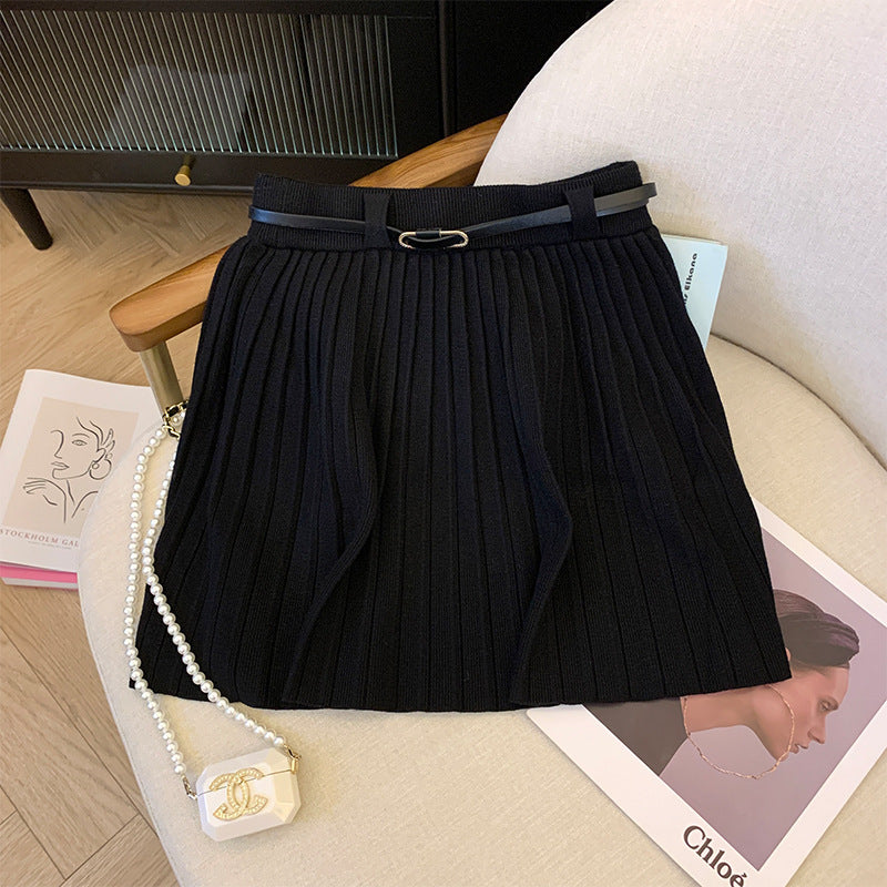 Ladies Pleated Skirt with Elastic Waistband and Belt Detail Mune Fashion