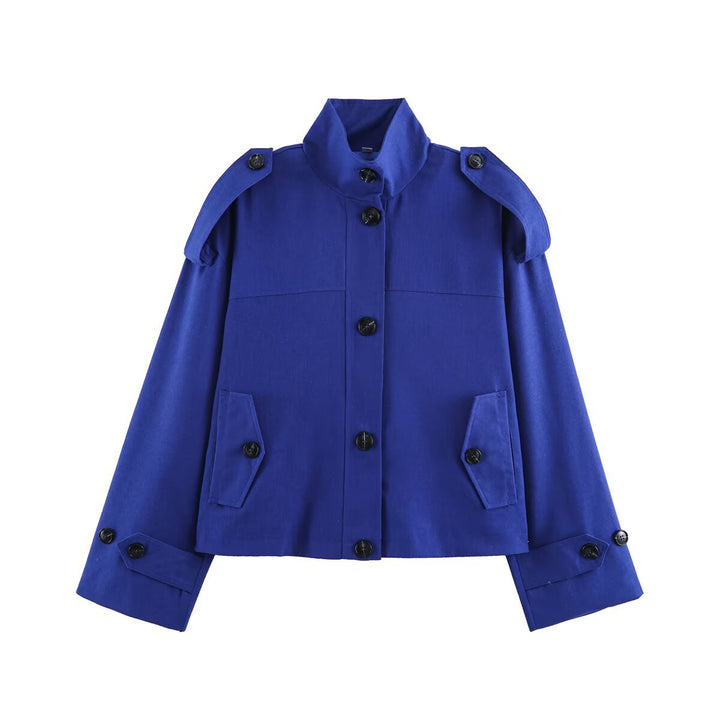 Women's Short Cut Utility Jacket with Stand Collar, Epaulettes and Flap Pockets Mune Fashion