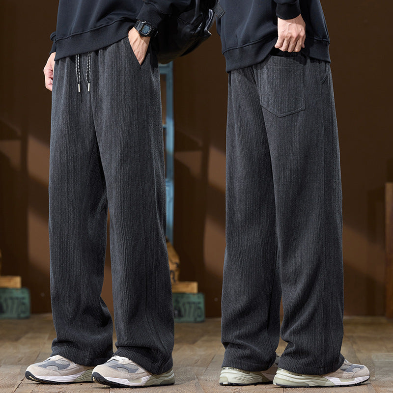 Men's Wide-Cut Lounge Pants made of Ribbed Structured Fabric with Elastic Waistband and Drawstring Mune Fashion