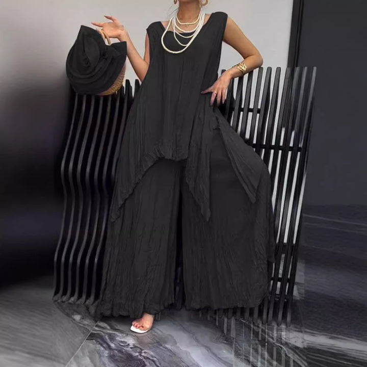 Women two-piece set in airy crinkle look with sleeveless tunic and wide palazzo pants Mune Fashion