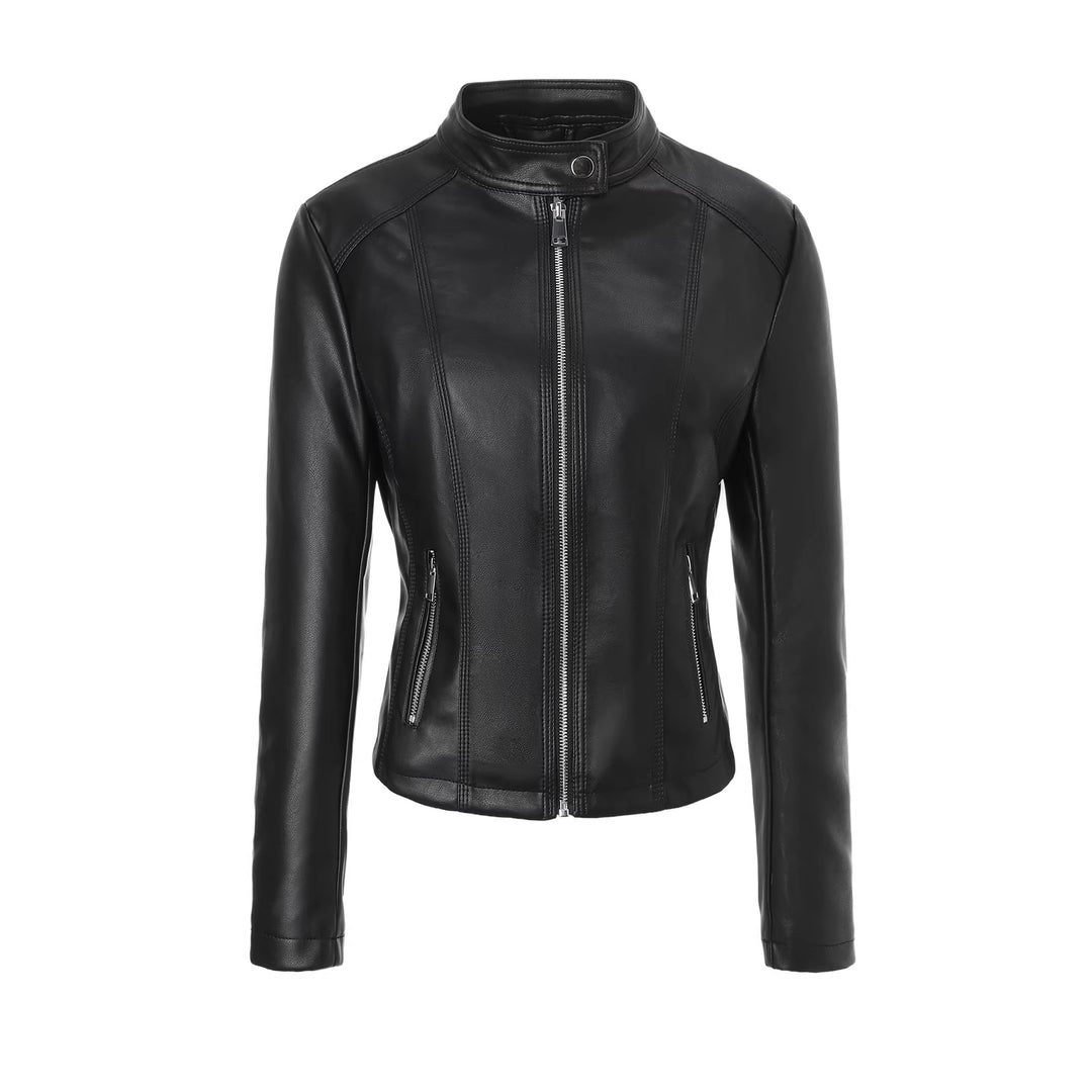 Women Tailored Leather Jacket with Stand-Up Collar, Vertical Decorative Seams and Zipper Pockets Mune Fashion