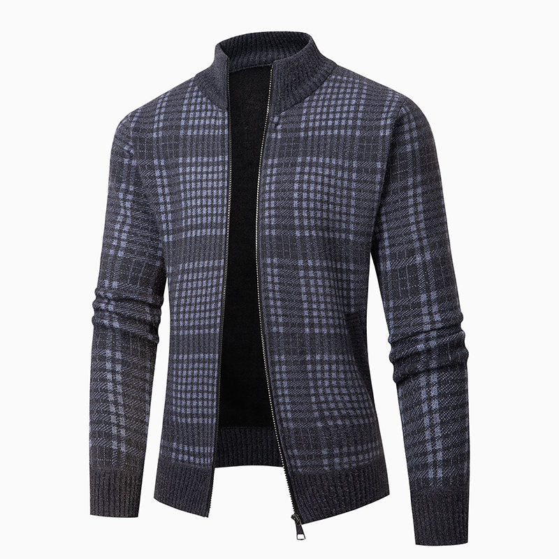 Men's fine knit zip cardigan with glencheck pattern, stand-up collar and two-way zipper Mune Fashion