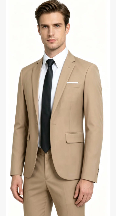 Men's fitted suit set made of lightweight stretch twill with single-button blazer and flat-front trousers Mune Fashion