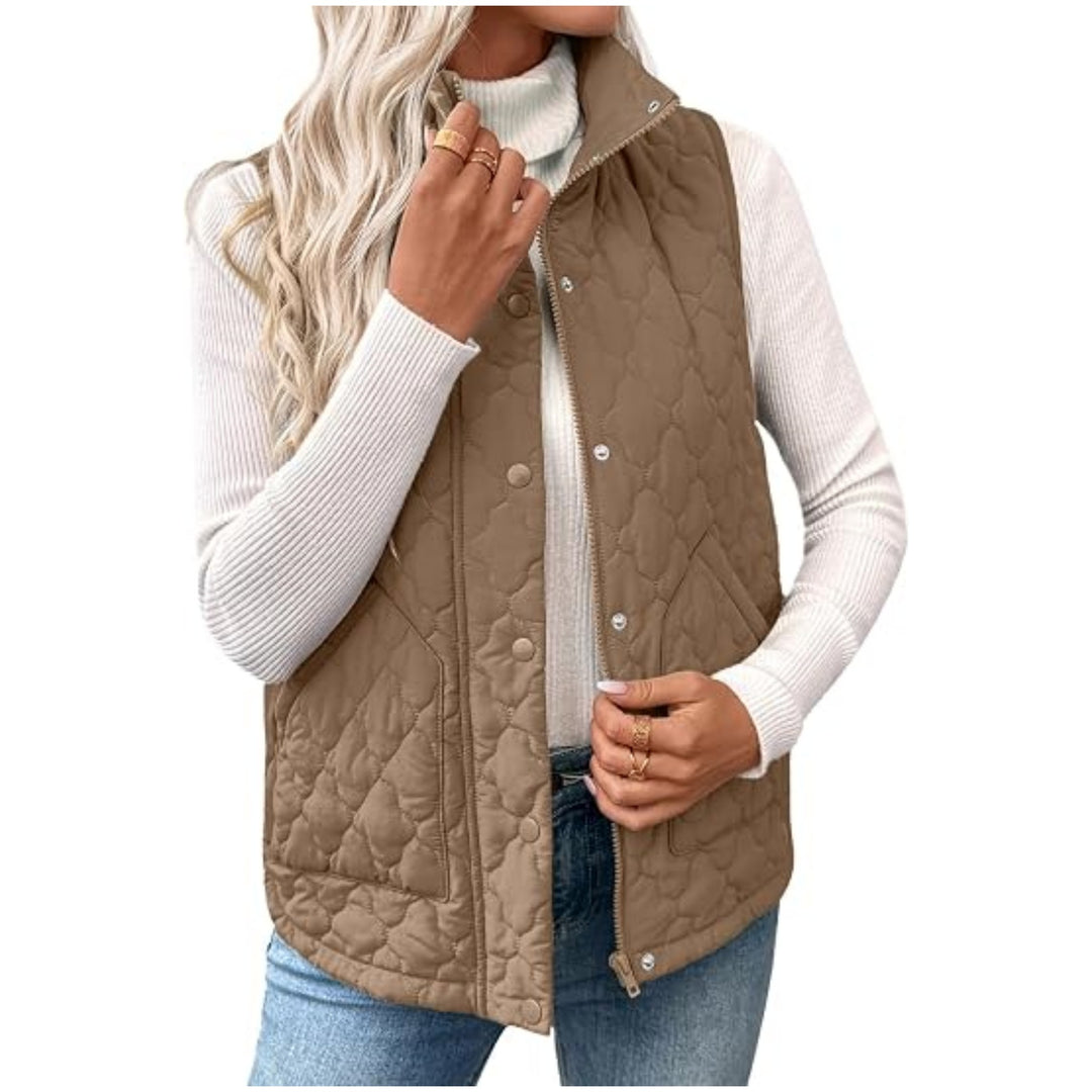 Women's quilted stand collar vest with zipper and snap buttons Mune Fashion