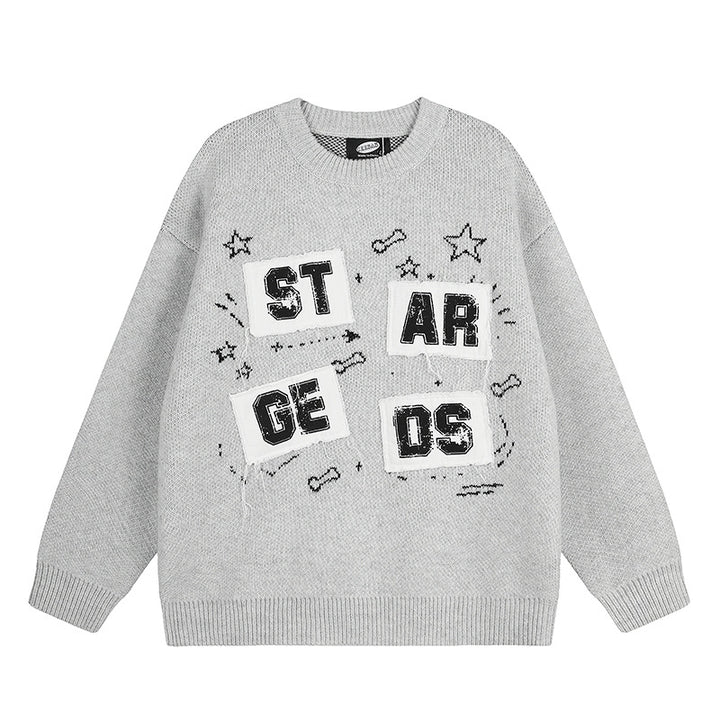 Ladies oversized knit sweater with round neck, appliqués, and vintage letter patches Mune Fashion