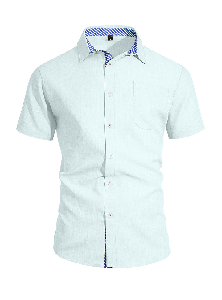 Men's Business Casual Short Sleeve Shirt with Striped Collar Lining and Chest Pocket Mune Fashion