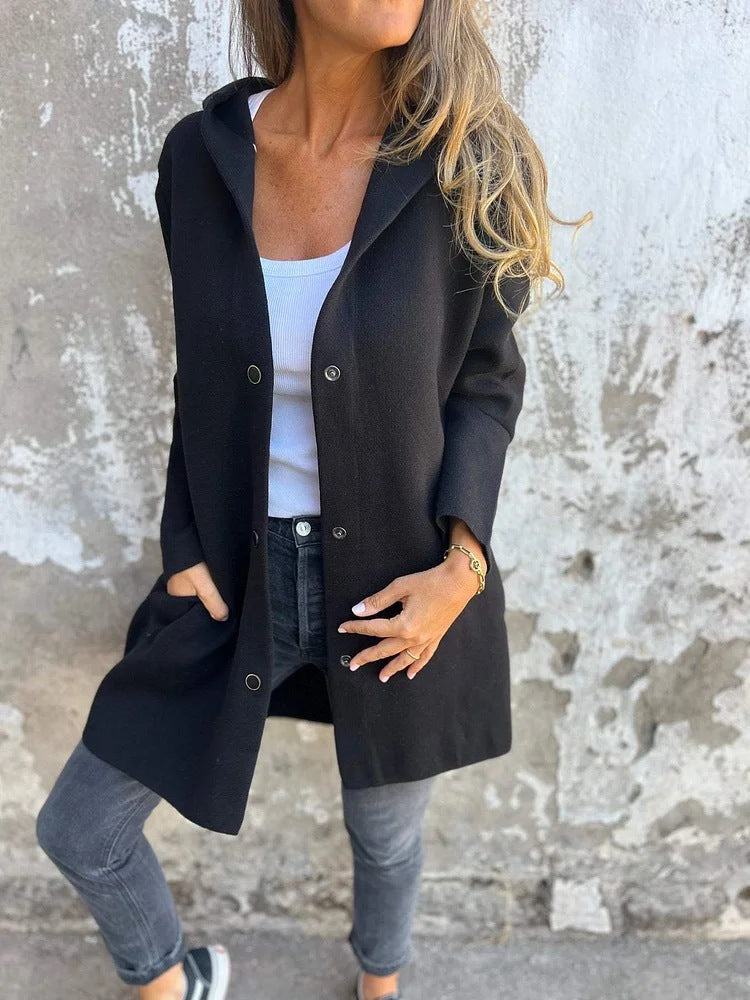 Women's hooded coat mid-length cotton blend with snap button placket and side pockets Mune Fashion