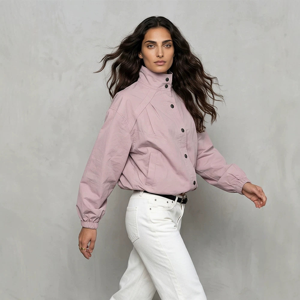 Ladies Short Boxy Bomber Jacket with Stand Collar and Snap Button Closure Mune Fashion