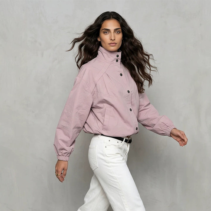 Ladies Short Boxy Bomber Jacket with Stand Collar and Snap Button Closure Mune Fashion