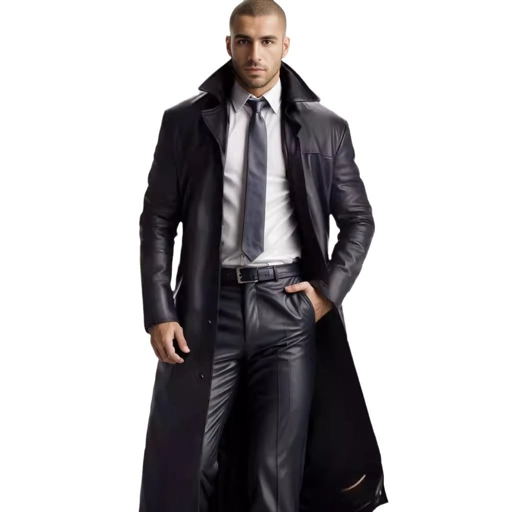 Men's Long Leather Coat in Trench Style with Slim Silhouette and Stand Collar Mune Fashion