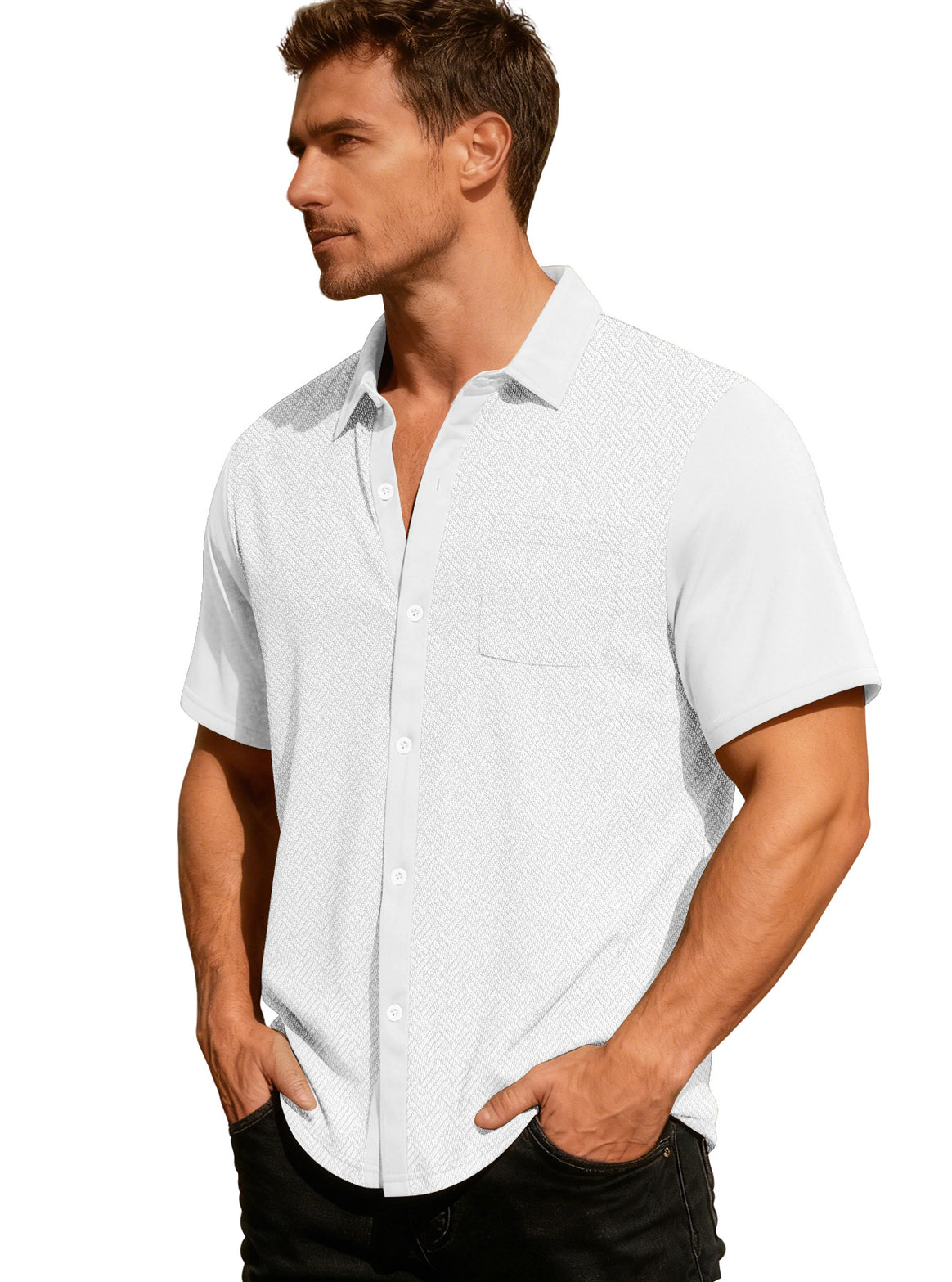 Men's leisure short sleeve shirt with jacquard texture, contrasted button placket and chest pocket Mune Fashion