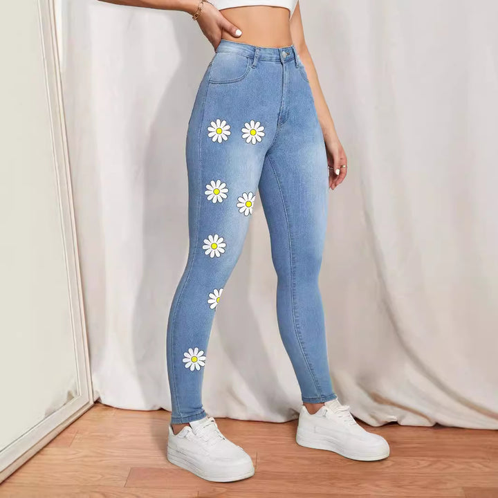 Women's High-Waist Skinny Jeans with printed Daisies and figure-shaping Stretch Mune Fashion