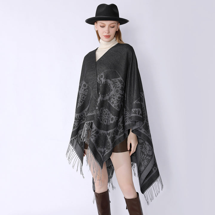 Women's Oversize Cloak Poncho with Floral Medallion Jacquard and Fringe Hem Mune Fashion