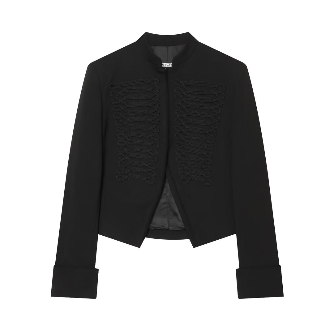Women's Short-Cut Military Blazer with Ornamental Cord Trim and Stand Collar Mune Fashion