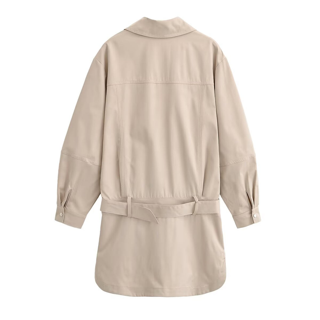 Women Oversized Shirt Blouse Jacket with Waist Belt and Concealed Button Placket Mune Fashion