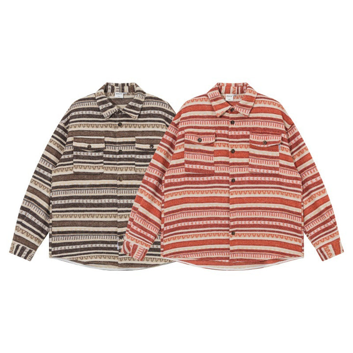 Unisex Oversize Knit Shirt Jacket in Ethnic Stripe Pattern with Flap Pockets Mune Fashion