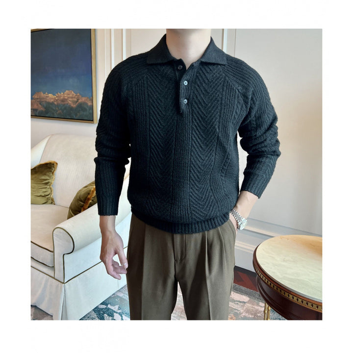 Men's Polo Collar Cable Knit Sweater with Half Button Placket Mune Fashion