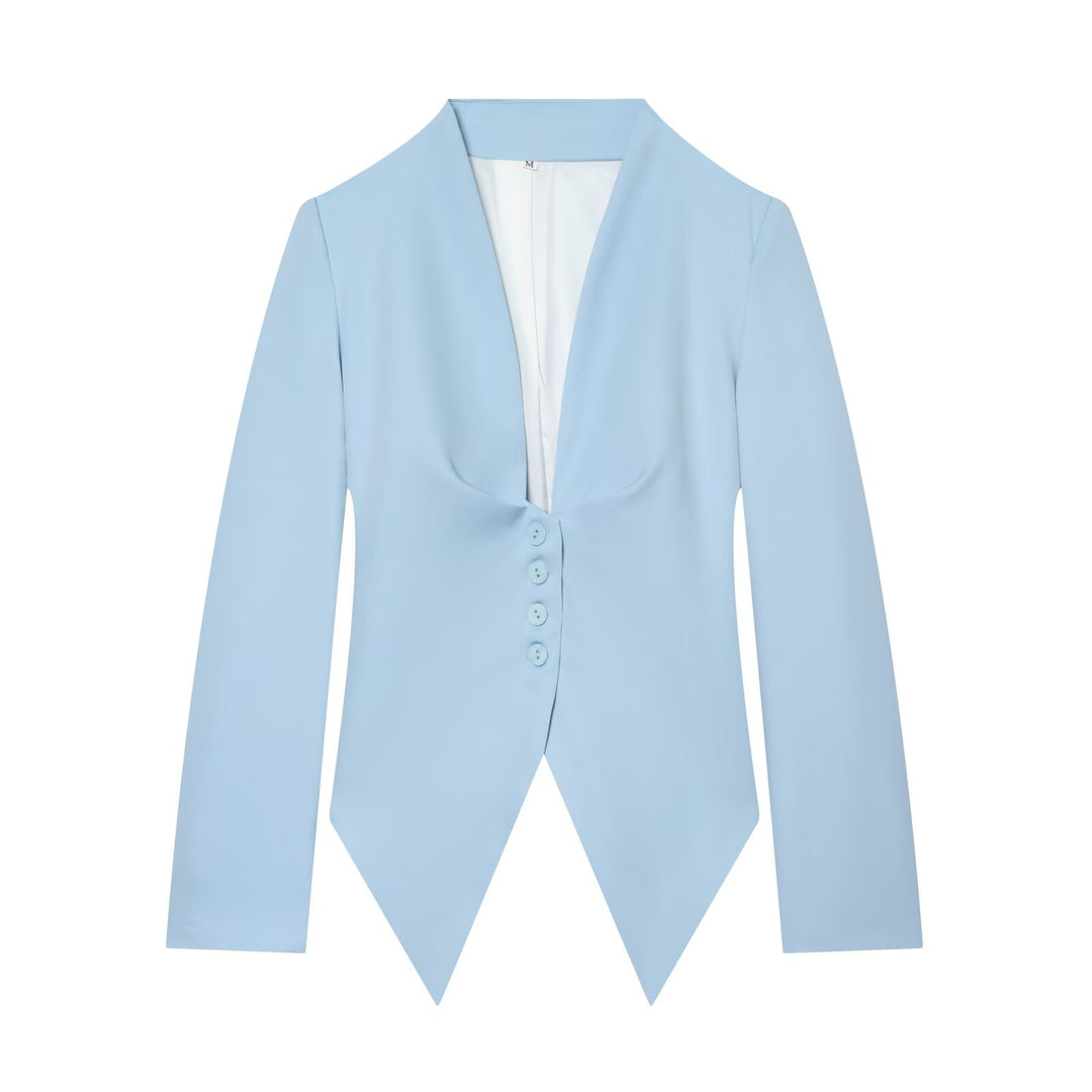 Women's Tailored Cropped Blazer with Pointed Hem and Deep V-Neck Mune Fashion