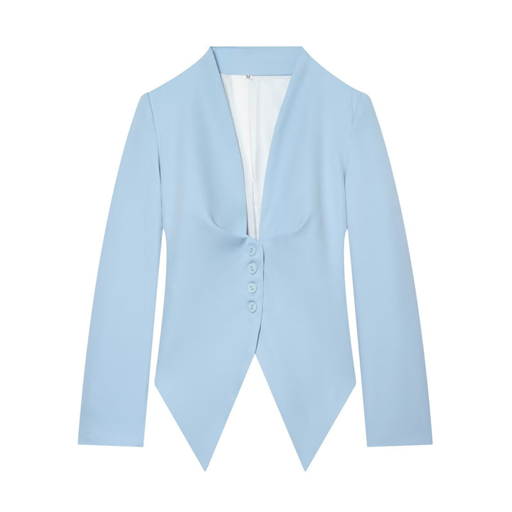 Women's Tailored Cropped Blazer with Pointed Hem and Deep V-Neck Mune Fashion