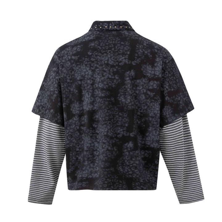 Men's layered look polo with studded collar and striped insert sleeves Mune Fashion