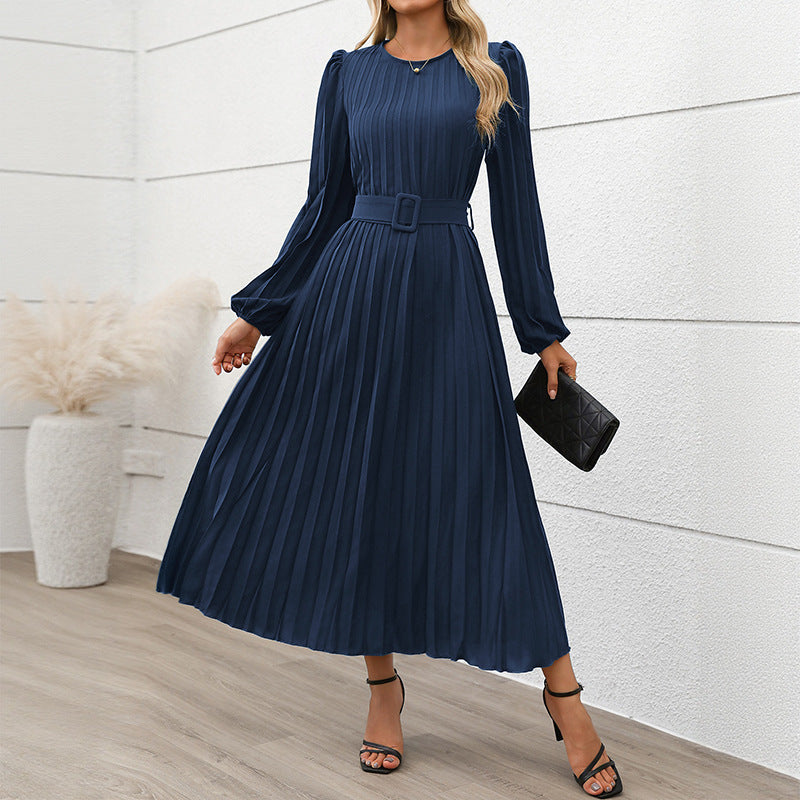 Women Elegant Pleated Maxi Dress with Waist Belt Mune Fashion