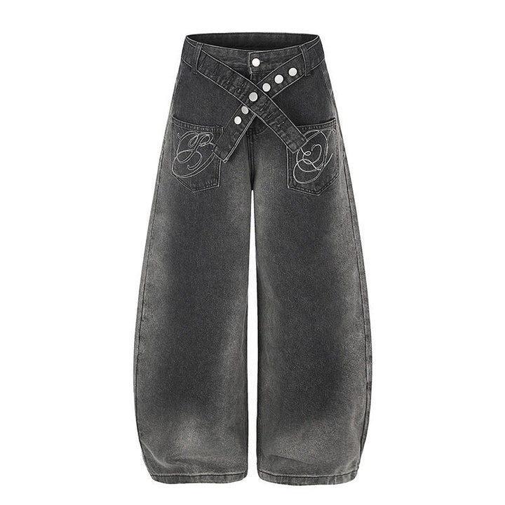 Women's Extra Wide High-Waist Palazzo Jeans with Crossed Decorative Waistband and Embroidered Pockets Mune Fashion