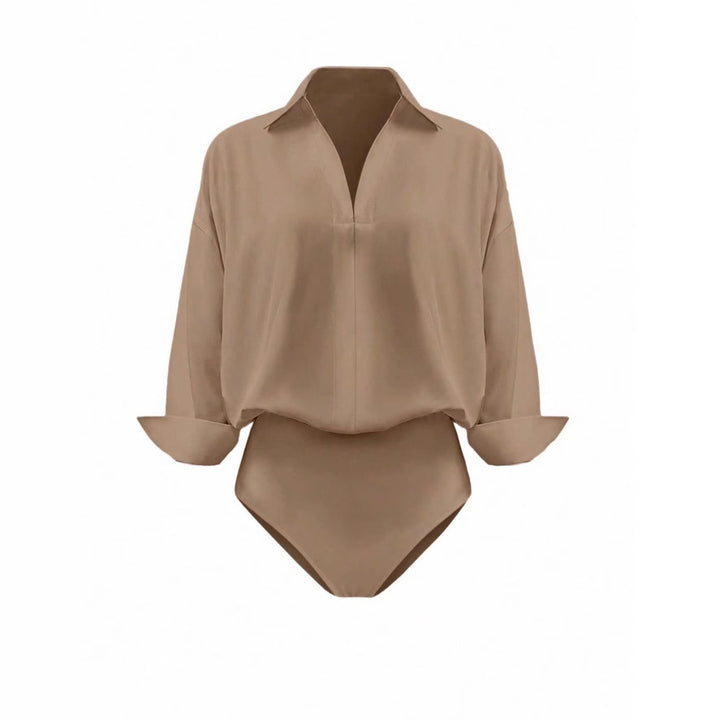 Women Elegant Shirt Blouse Bodysuit with V-Neck, Oversized Cut and Cuff Flaps Mune Fashion