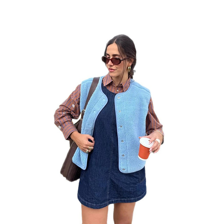 Women Lined Teddy-Fleece Vest with Snap Buttons and Rounded Hem Mune Fashion