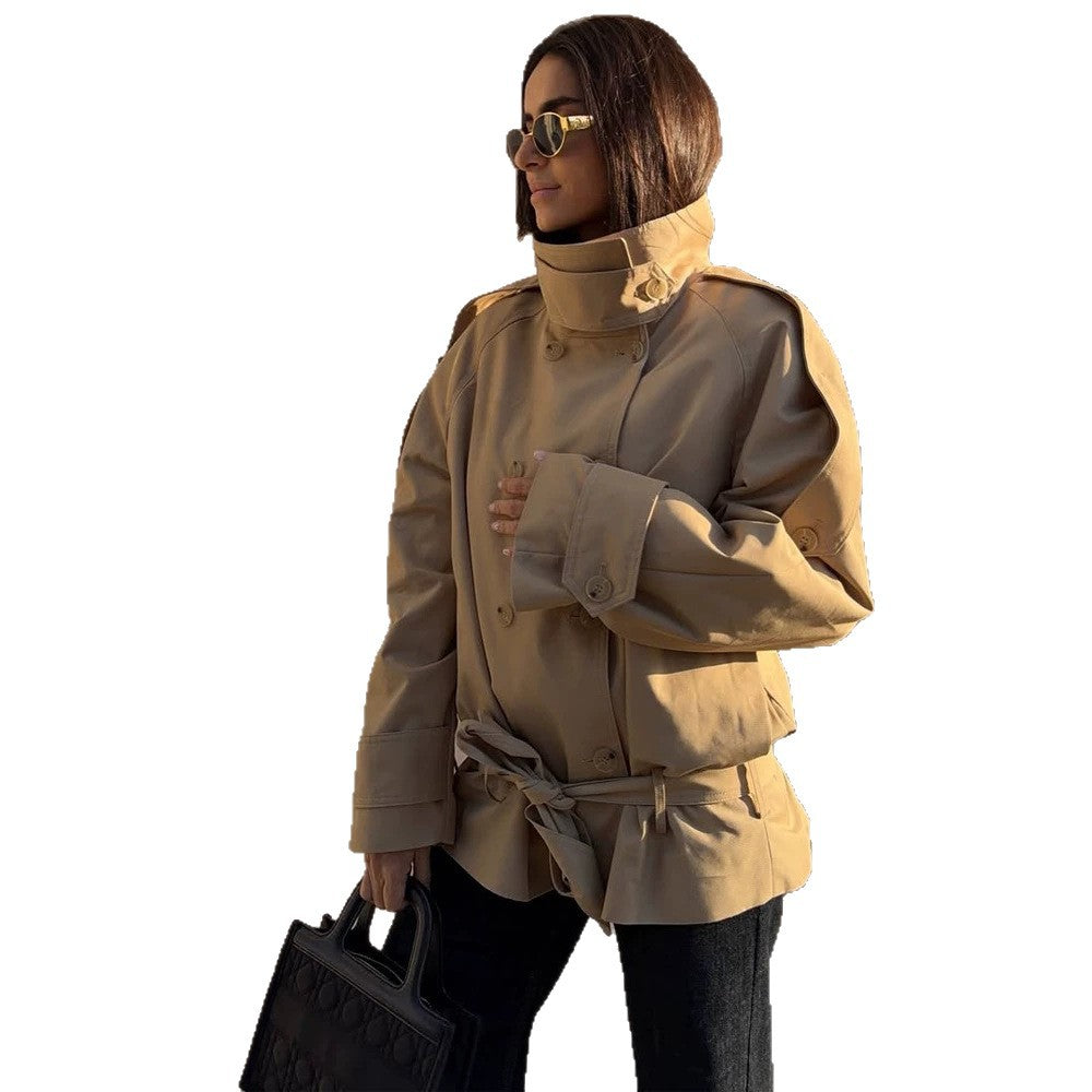 Women Short Trench with High Stand Collar, Double-Breasted Button Placket & Waist Belt Mune Fashion