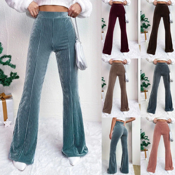 Women's High-Waisted Ribbed Velvet Pants with Wide Legs Mune Fashion