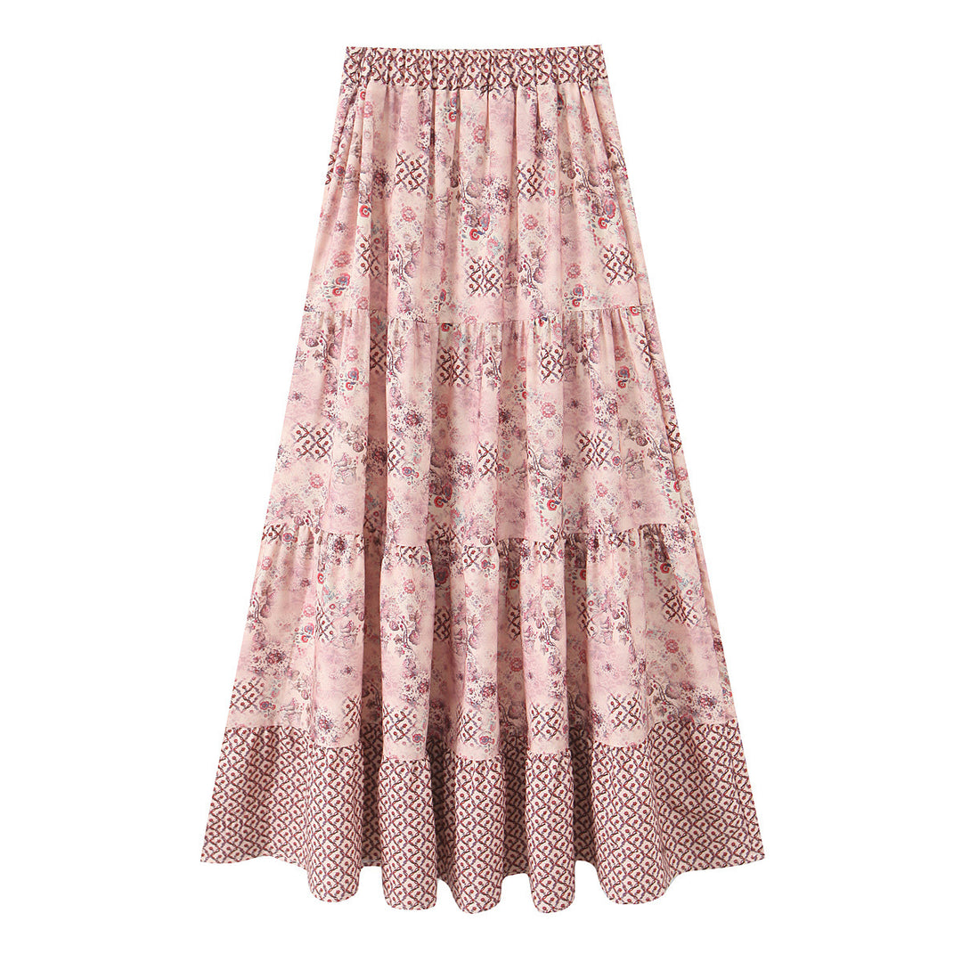 Women's Long Tiered Skirt with Floral Allover Print, Elastic Waistband and Ruffled Panels Mune Fashion