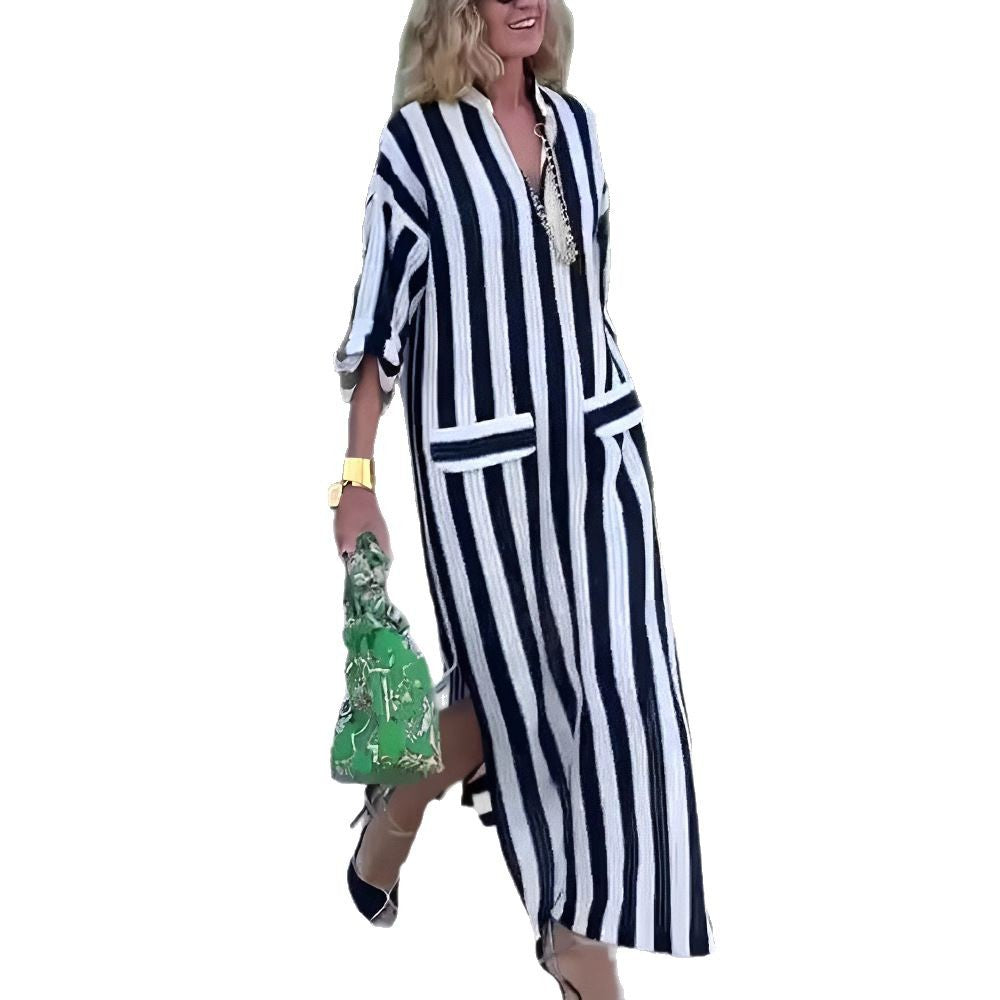 Women casual long shirt dress with vertical stripe pattern, V-neck, patch pockets, and high side slit Mune Fashion