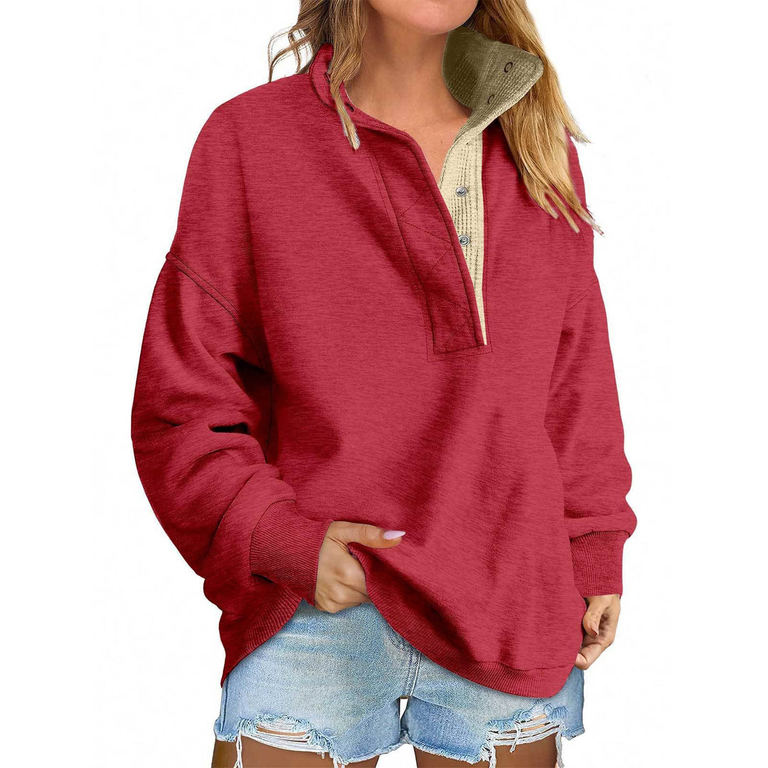 Women's Oversized Henley Sweatshirt with Stand-Up Collar and Snap Button Placket Mune Fashion