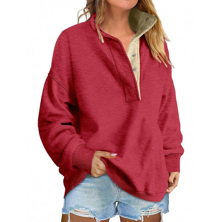 Women's Oversized Henley Sweatshirt with Stand-Up Collar and Snap Button Placket Mune Fashion