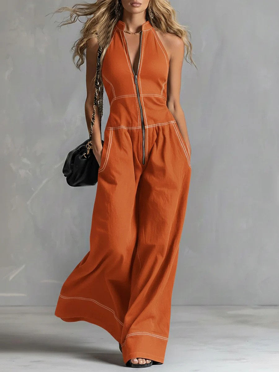 Women's Sleeveless Halter Jumpsuit with Zipper, Wide Leg and Side Pockets Mune Fashion