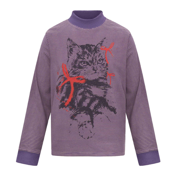 Unisex Striped Long Sleeve with Stand Collar, Oversize Cut and Cat Print Mune Fashion