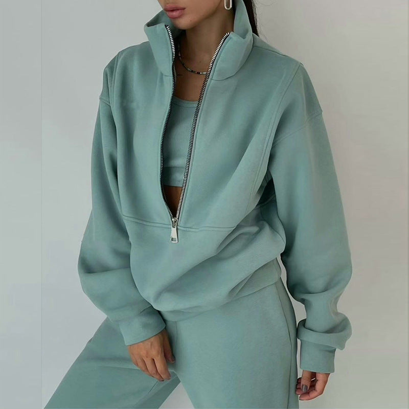 Ladies nan short half-zip sweatshirt and jogging pants set with stand-up collar, oversized cut and soft French terry Mune Fashion