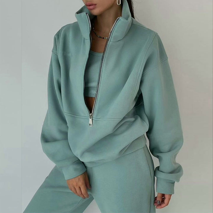 Ladies nan short half-zip sweatshirt and jogging pants set with stand-up collar, oversized cut and soft French terry Mune Fashion