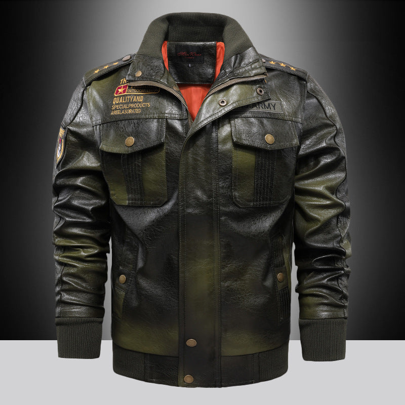 Men's Urban Pilot Leather Jacket in Military Look with Stand-up Collar and Shoulder Epaulettes Mune Fashion